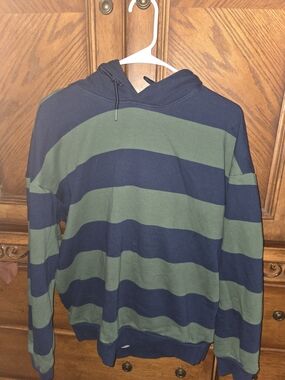 Original Use Navy and Olive Green Striped Hooded Sweatshirt